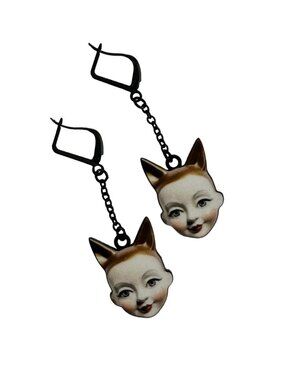Vintage Style Earrings Doll Face with Golden Cat Ears – Black Leverback Wires